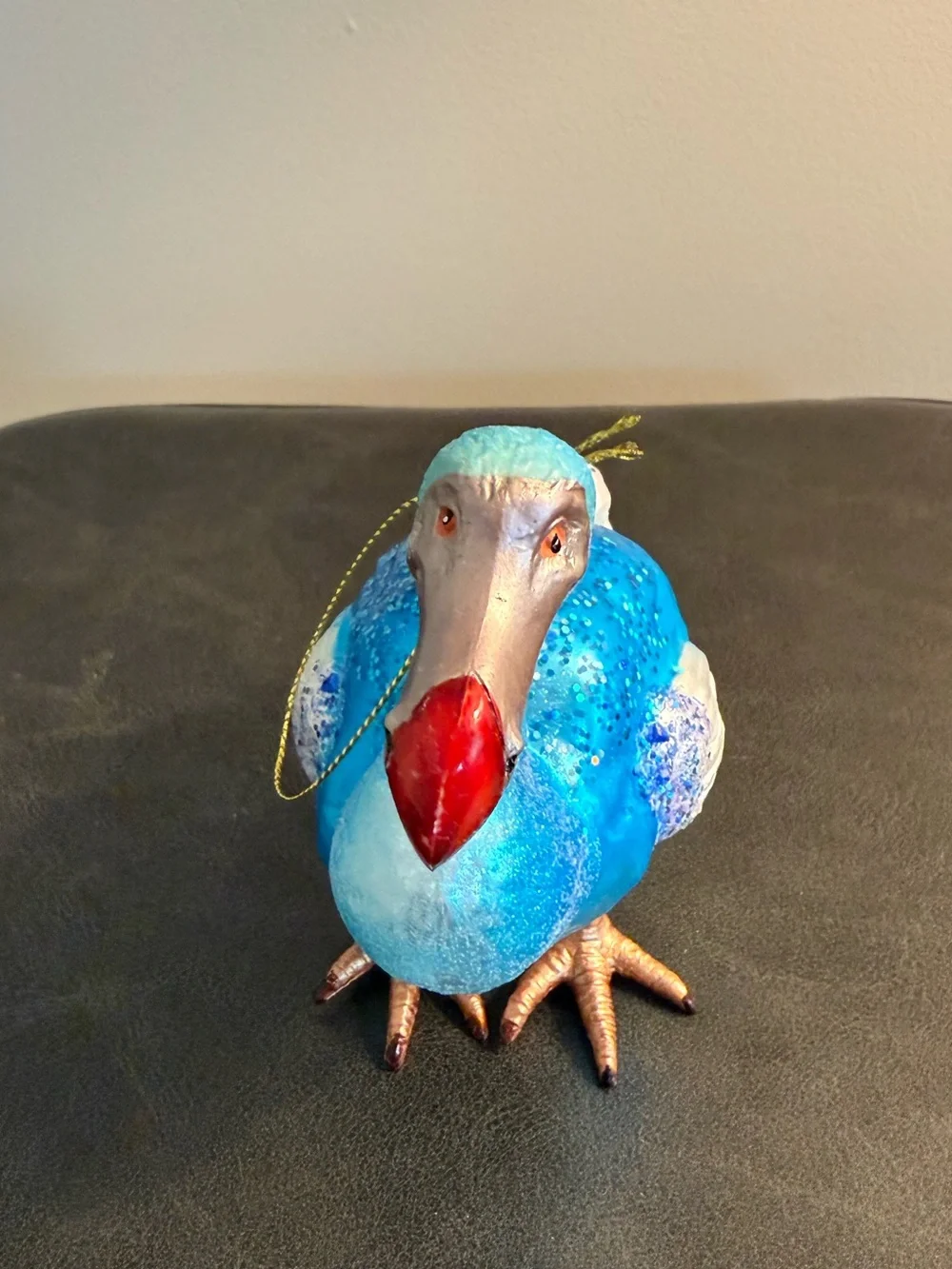 Blue Glass Dodo Bird Ornament with Red Beak
